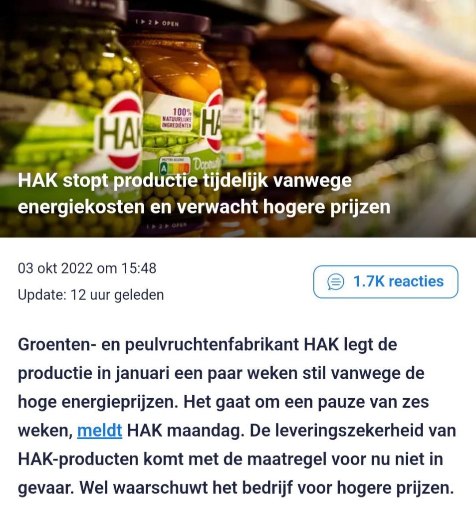 ❗️ Крупнейший производитель овощных консервов в Нидерландах HAK приостанавливает работу из-за высоких цен на газ и электроэнергию