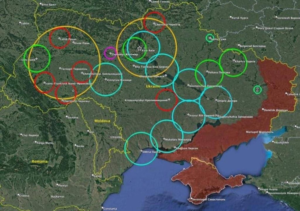 Карта Украины с радиусами покрытия различных ЗРК, которые одолжил блок НАТО