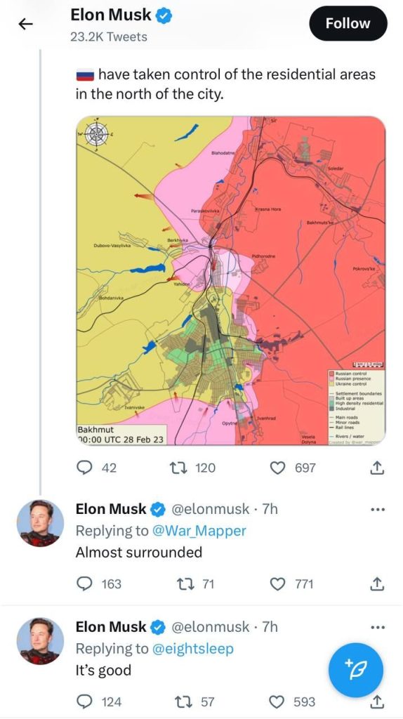 Артемовск (Бахмут) почти окружен и это хорошо – Илон Маск