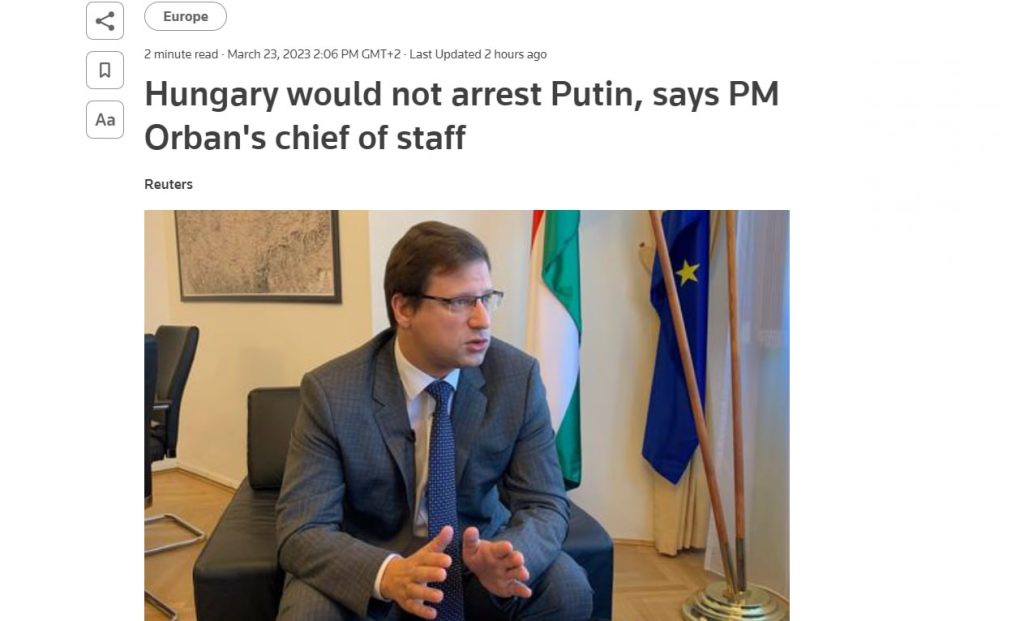 Венгрия не станет отправлять оружие Киеву и арестовывать Путина, если он решит приехать, — глава канцелярии премьера