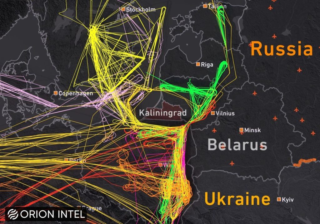 Карта полетов натовских самолетов вдоль границ Украины, Белоруссии и России