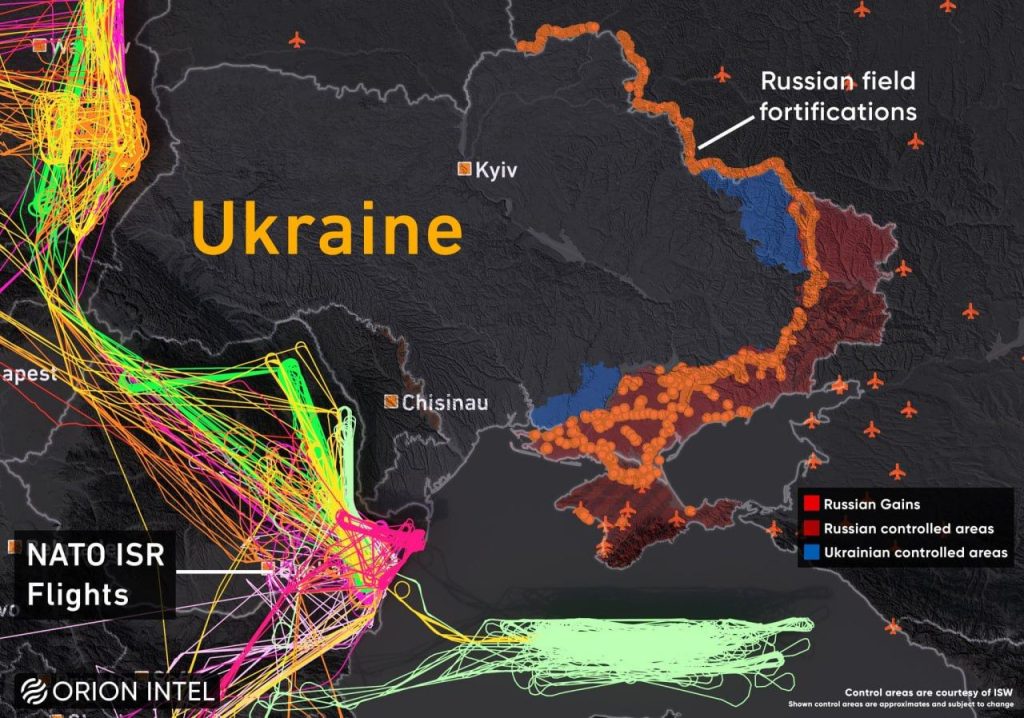 Карта полетов натовских самолетов вдоль границ Украины, Белоруссии и России