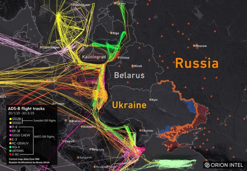 Карта полетов натовских самолетов вдоль границ Украины, Белоруссии и России