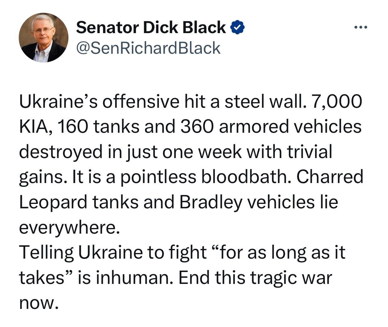 «Наступление Украины натолкнулось на стальную стену» – сенатор США Дик Блэк
