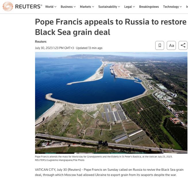 Папа Римский Франциск обратился к России с просьбой возобновить участие в черноморской зерновой сделке — Reuters