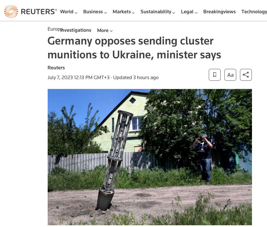 Reuters: Германия выступила против отправки кассетных боеприпасов на Украину