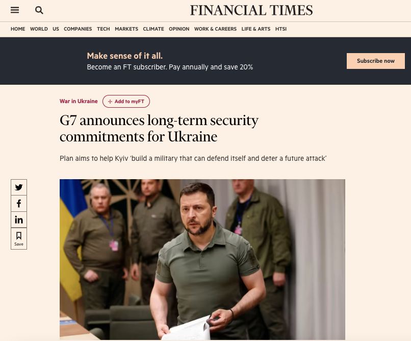 Детали декларации по гарантиям безопасности для Украины от G7 (Financial Times)