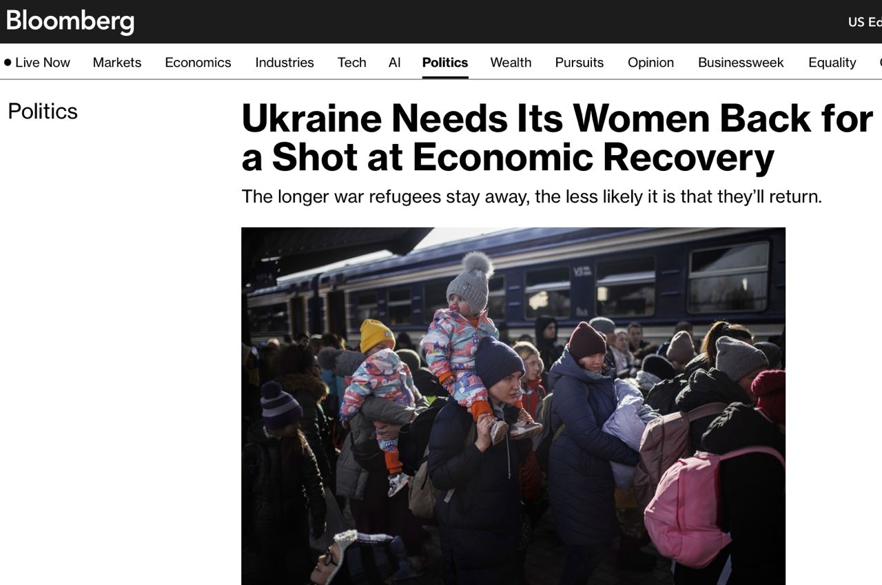 Bloomberg: Украине нужно вернуть 2,8 млн беженок, чтобы получить шанс на восстановление экономики