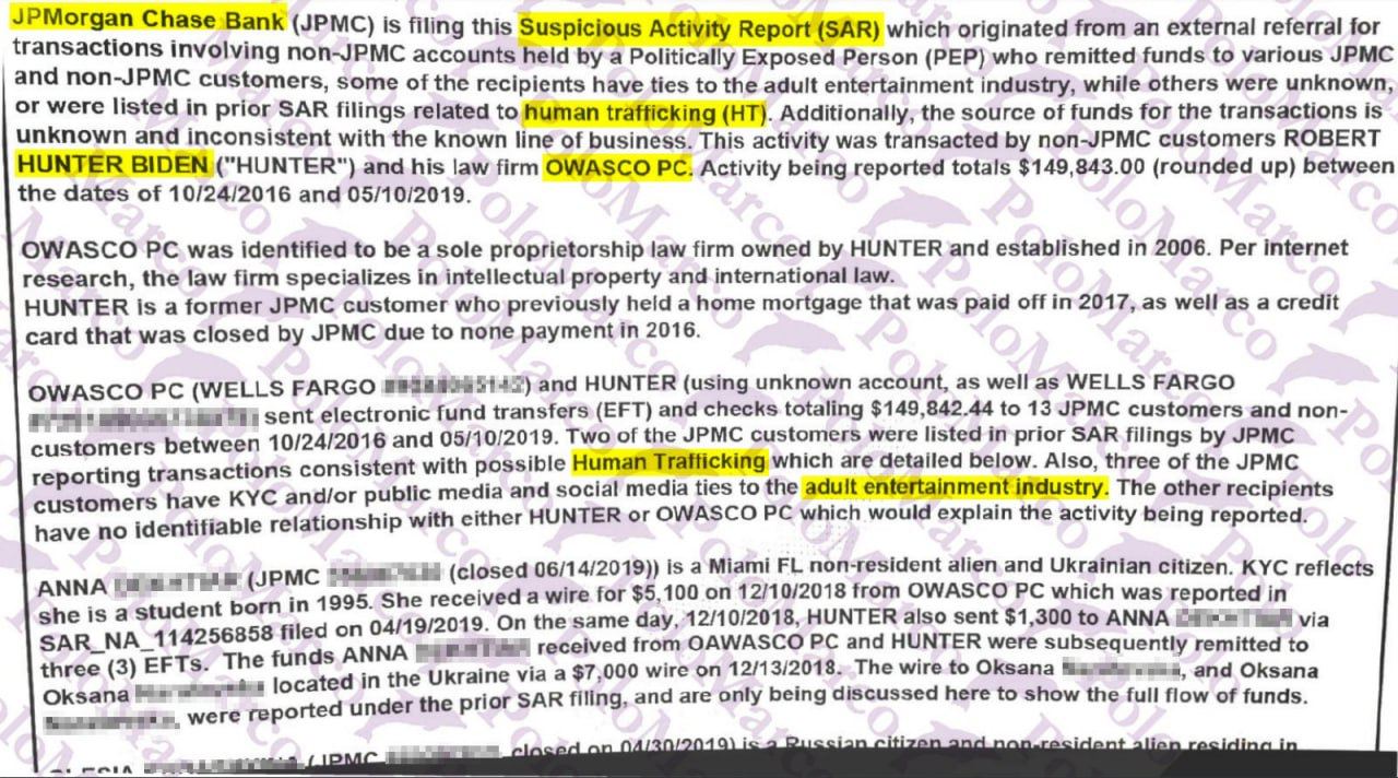 Шесть американских банков представили в Минфин более 170 отчетов о подозрительной деятельности семьи Байденов, утверждая их причастность к отмыванию денег, торговле людьми и налоговому мошенничеству