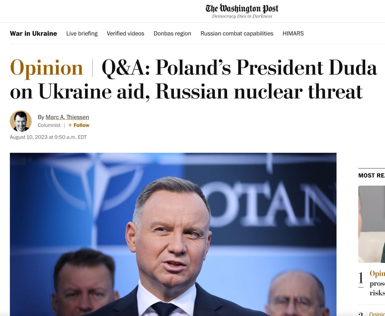 У Украины недостаточно оружия, чтобы изменить баланс в войне – Дуда в интервью газете The Washington Post