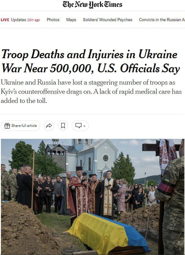 Суммарные потери России и Украины с начала войны, по оценкам США, могут достигать 500 тысяч человек – New York Times