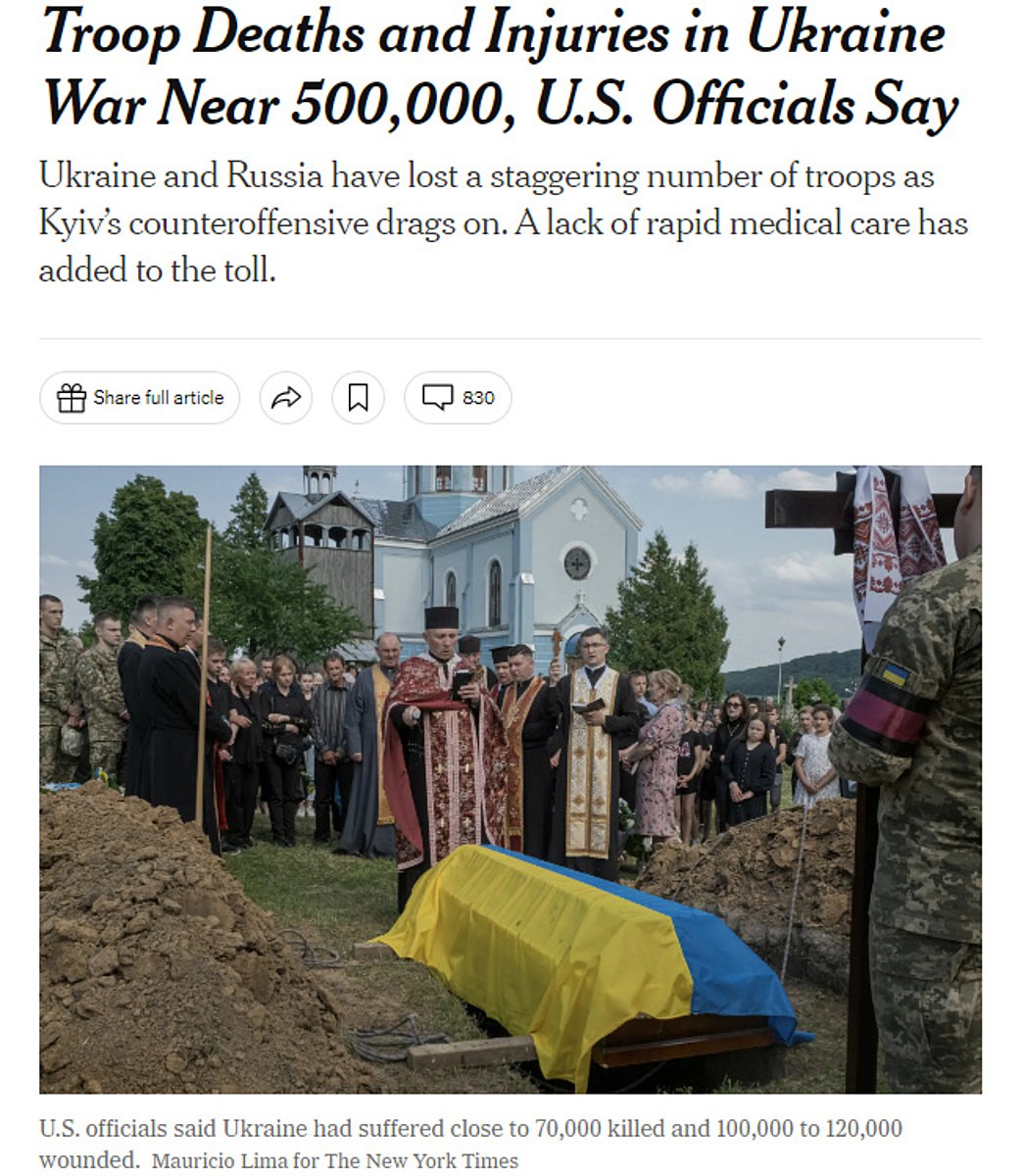 Потери Украины составили 500 тыс. человек. Об этом пишет издание The News York Times