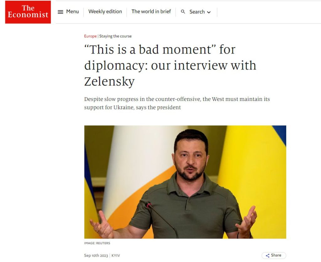The Economist публикует большое интервью с Зеленским, в котором тот уговаривает Запад не отворачиваться от Украины