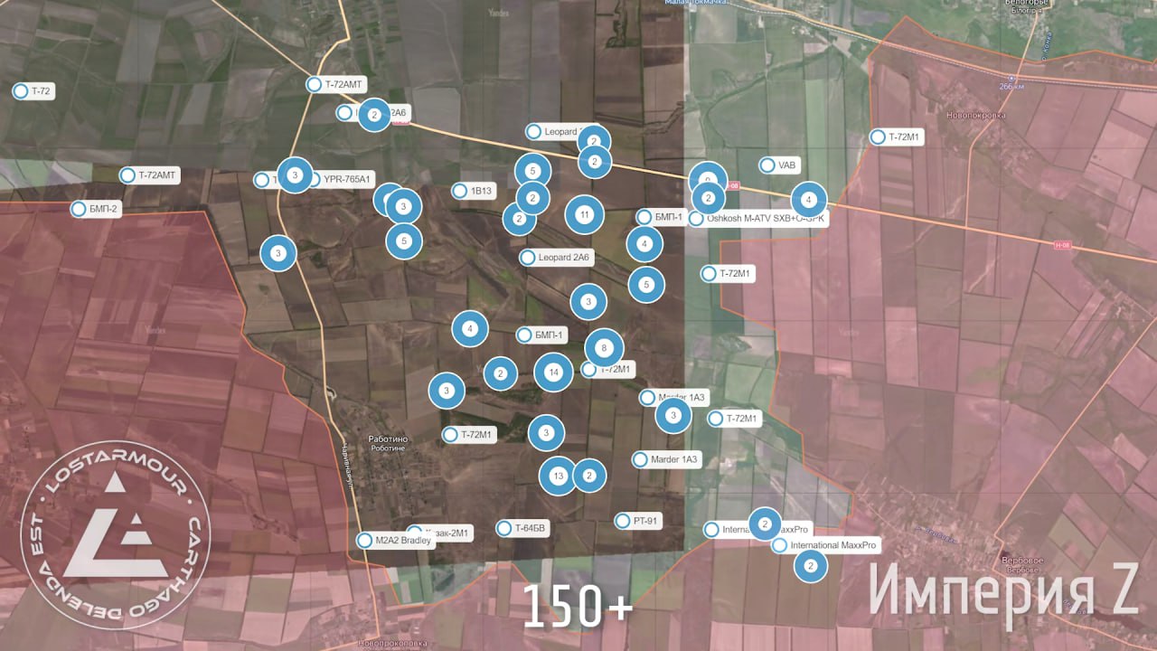 Общая панорама и подборка кадров поражения бронетехники ВСУ в огневом мешке между Работино и Вербовым в ходе летнего контрнаступления