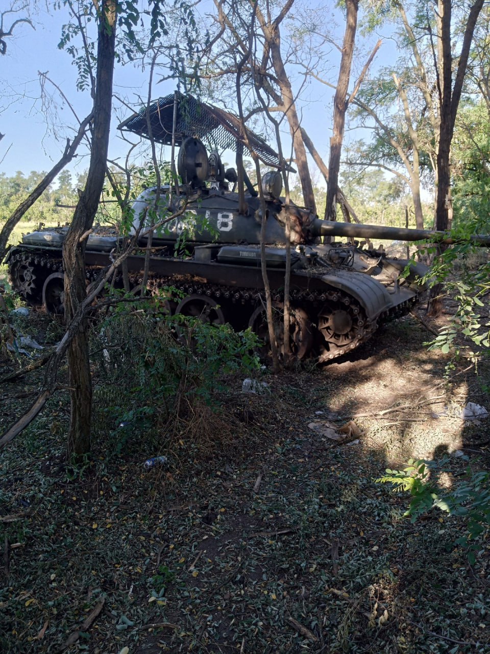 Российский Т-55 с довольно необычным защитным козырьком где-то в зоне СВО