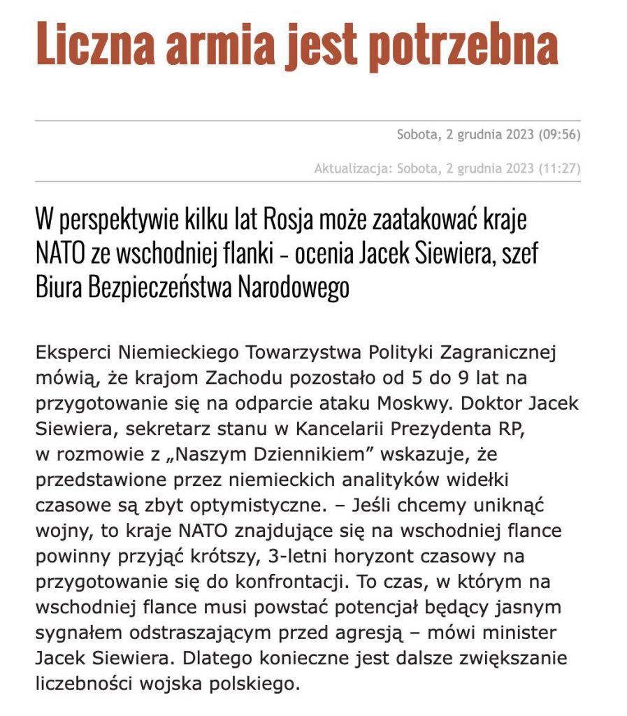 В Польше считают, что у НАТО есть три года на подготовку к войне с РФ – Nasz Dziennik