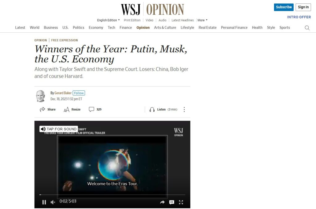 Газета The Wall Street Journal назвала Владимира Путина «геополитическим победителем года»