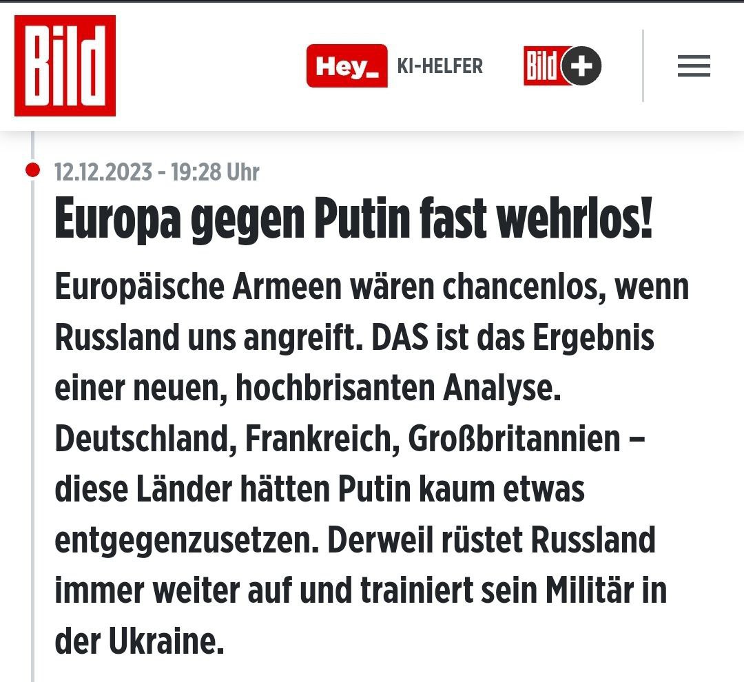 Bild с утра пораньше кошмарит бюргера новостью о том, что Европа практически беззащитна в том случае, если на нее нападет Россия