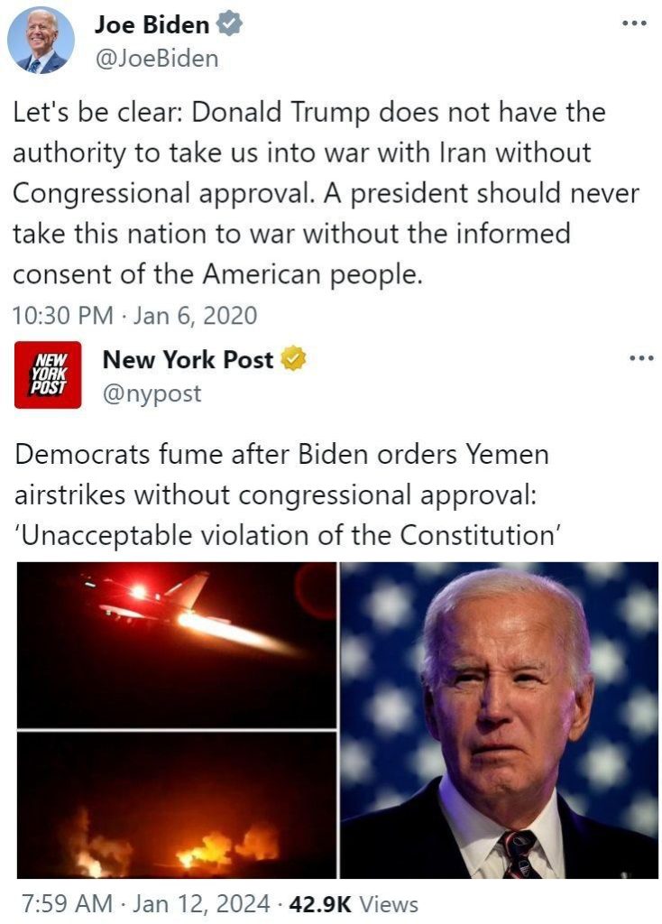 Байден в 2020-м: «У президента не должно быть власти начинать войну без информированного согласия американского народа»
