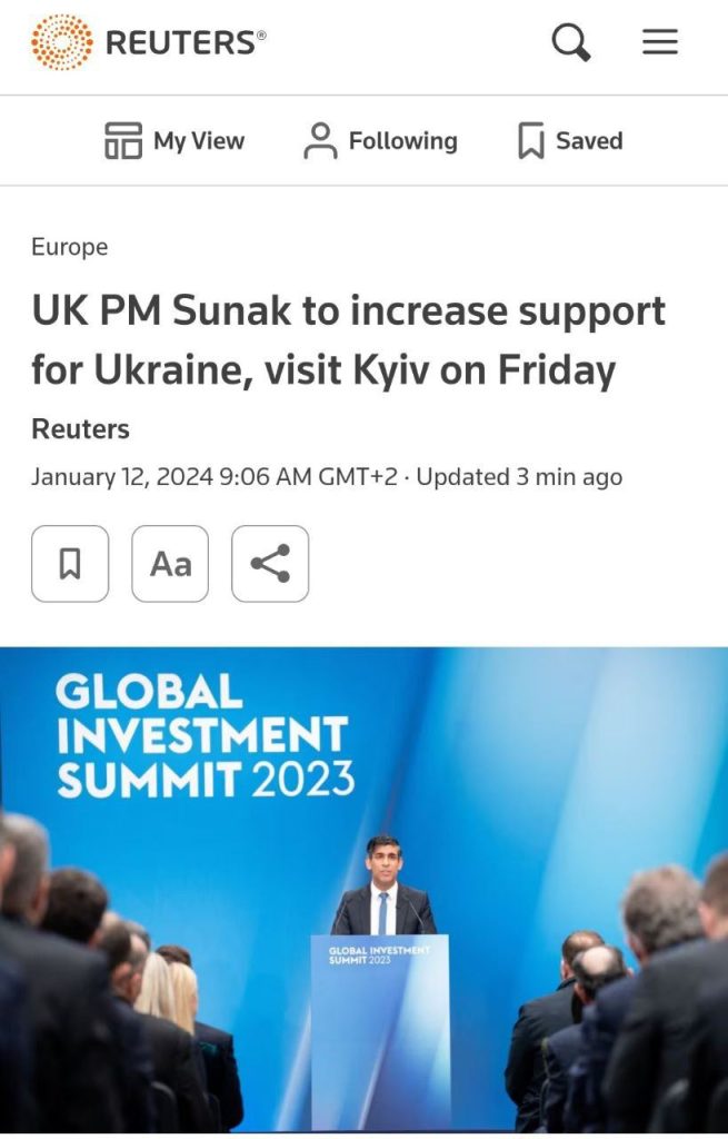 Британский премьер Сунак сегодня приедет в Киев, чтобы объявить о новом пакете помощи – Reuters