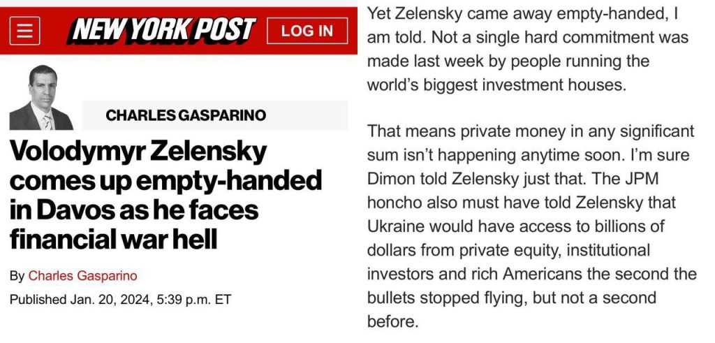 «Зеленский приехал в Давос с пустыми руками и уехал оттуда с пустыми руками», пишет «New York Post»