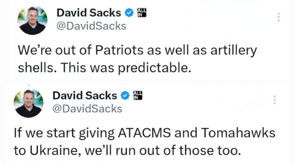Американский бизнесмен и инвестор Дэвид Сакс: У нас закончились Patriot и артиллерийские снаряды