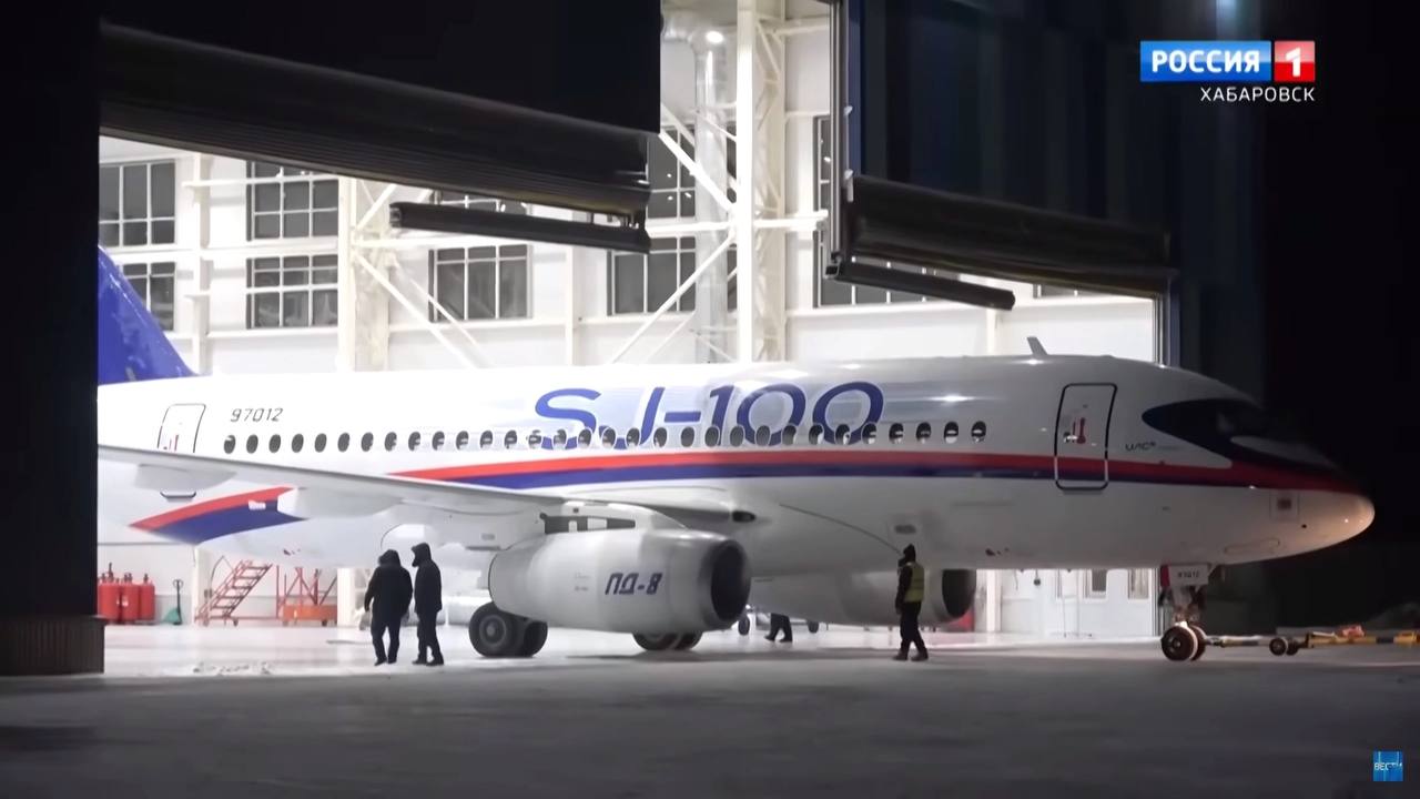 В репортаже Россия 1 Хабаровск показали первый «Суперджет» с российскими двигателями ПД-8 под крылом