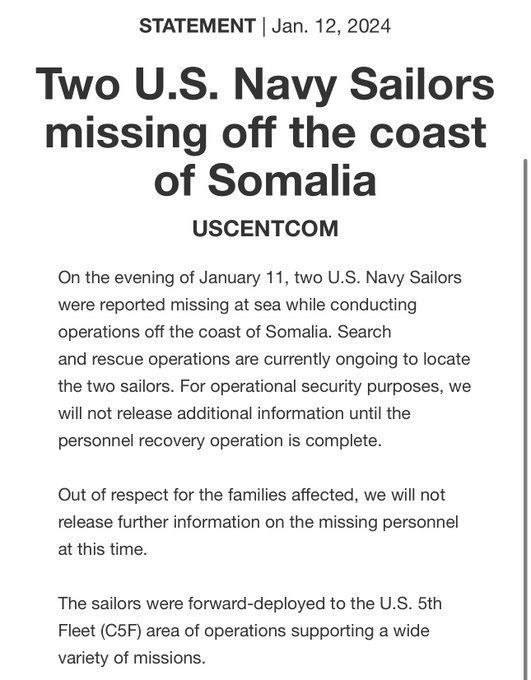 Согласно заявлению США, 11 января у берегов Сомали внезапно "пропали" 2 американских моряка