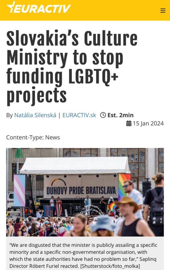 Министерство культуры Словакии прекратит финансирование ЛГБТК+* проектов