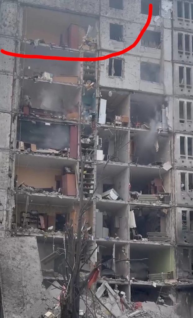 Последствия прилета зенитной ракеты по многоэтажке в Харькове