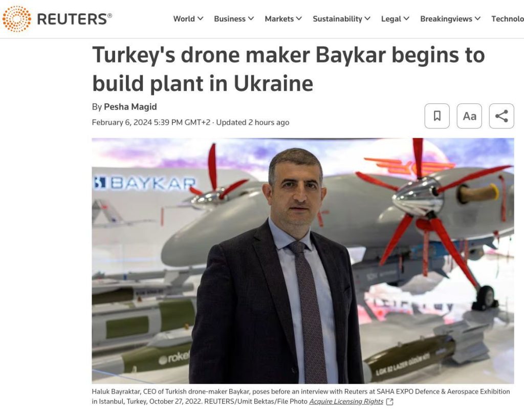 Турецкая компания Baykar начала строить завод по производству БПЛА под Киевом – Reuters