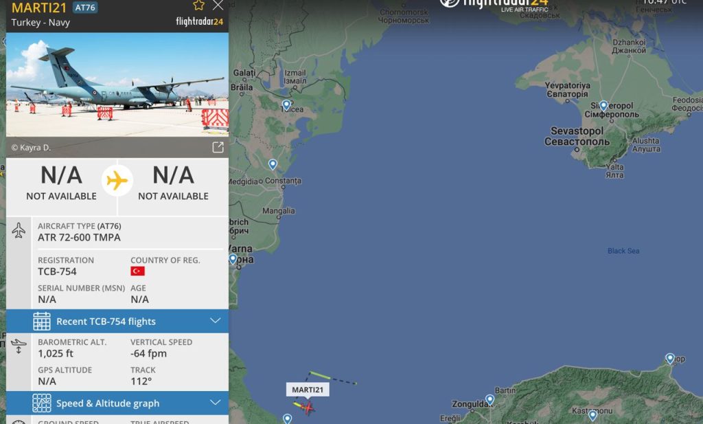 Турки снова пригнали в Чёрное море патрульный самолёт ATR 72-600 TMPA