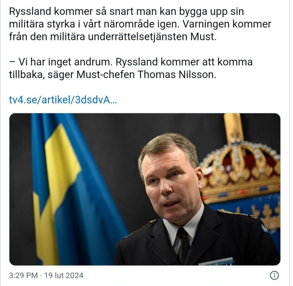 «Способность России совершить военное нападение на Швецию является главной угрозой для шведских сил обороны» – глава военной разведки Швеции Нильссон