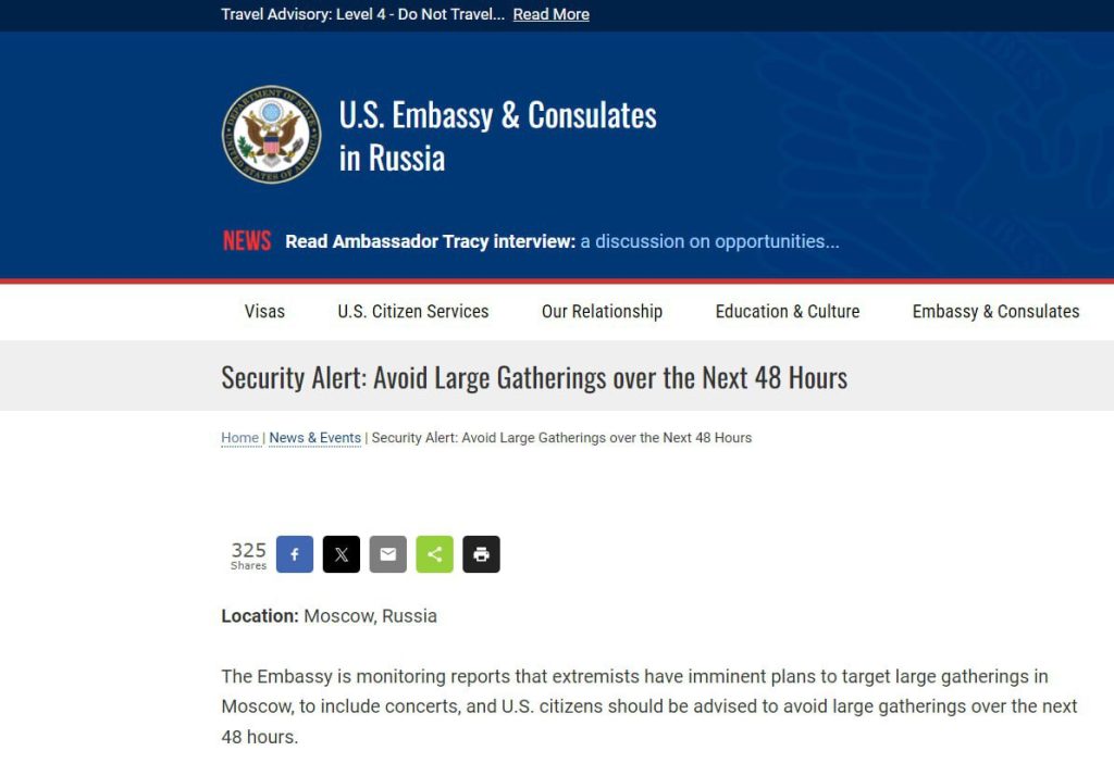 Посольство США в РФ заявило о «террористической угрозе»