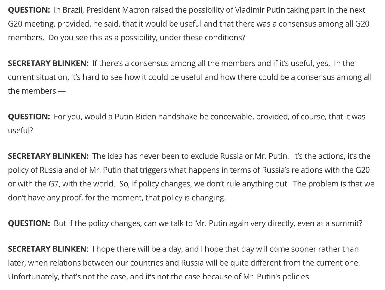 Госсекретарь США Блинкен допускает участие Владимира Путина в саммите G20