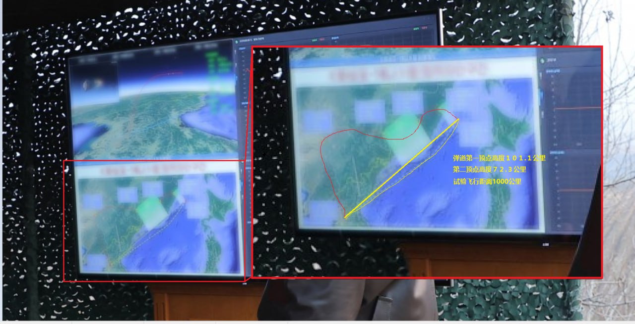 Траектория полета северокорейского гиперзвукового боевого блока на испытаниях 2 апреля