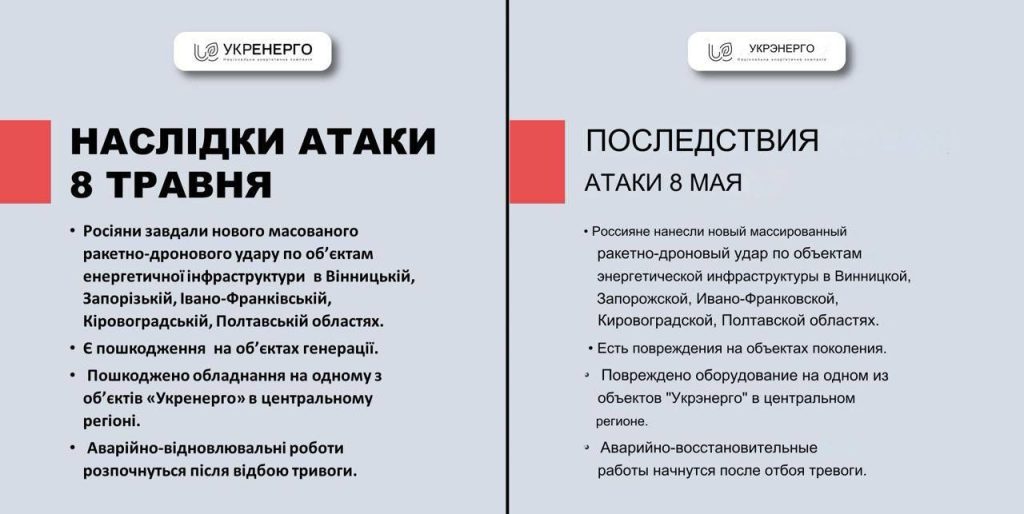 После ударов по объекту энергетики в центральной части Украины повреждено оборудование