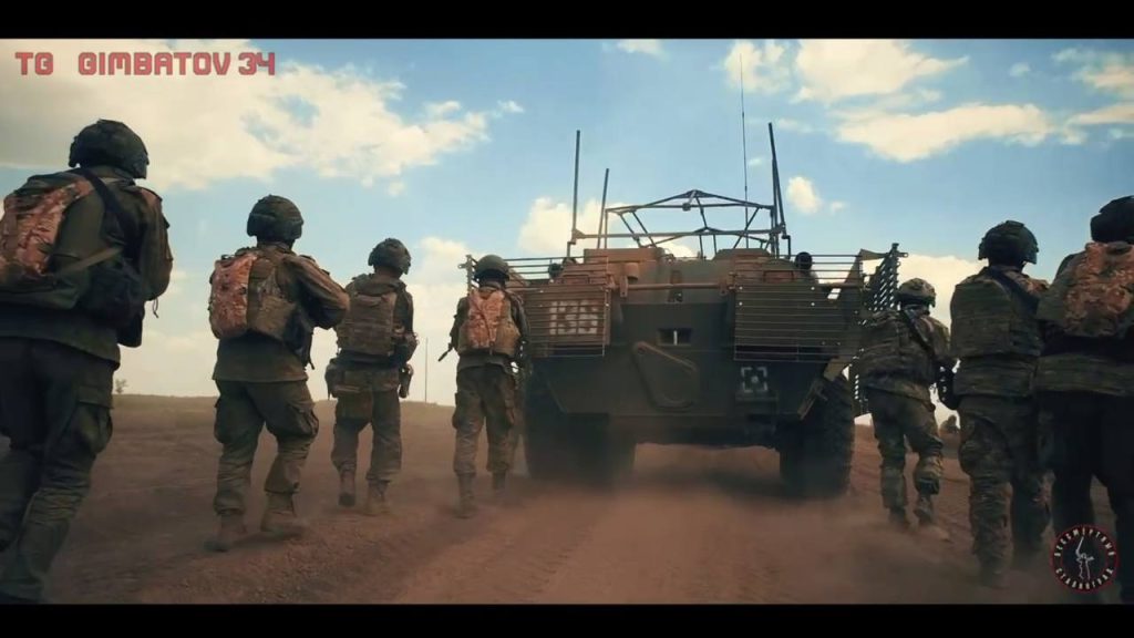 Бронетранспортёры БТР-82А штурмового отряда «Бессмертный Сталинград» на 244-ом общевойсковом полигоне «Прудбой» Южного военного округа