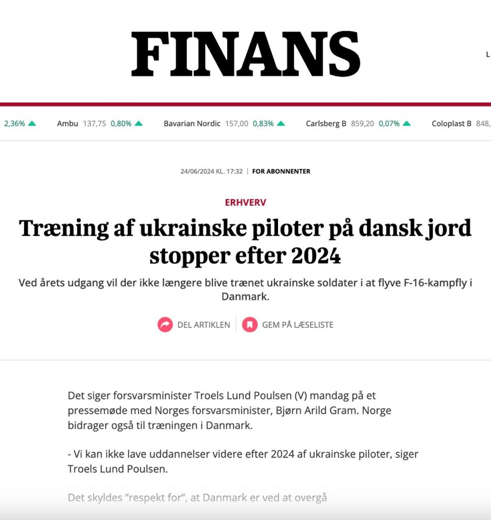 Дания отказывается обучать украинских пилотов после 2024 года – министр обороны Троэльс Лунд Поульсен