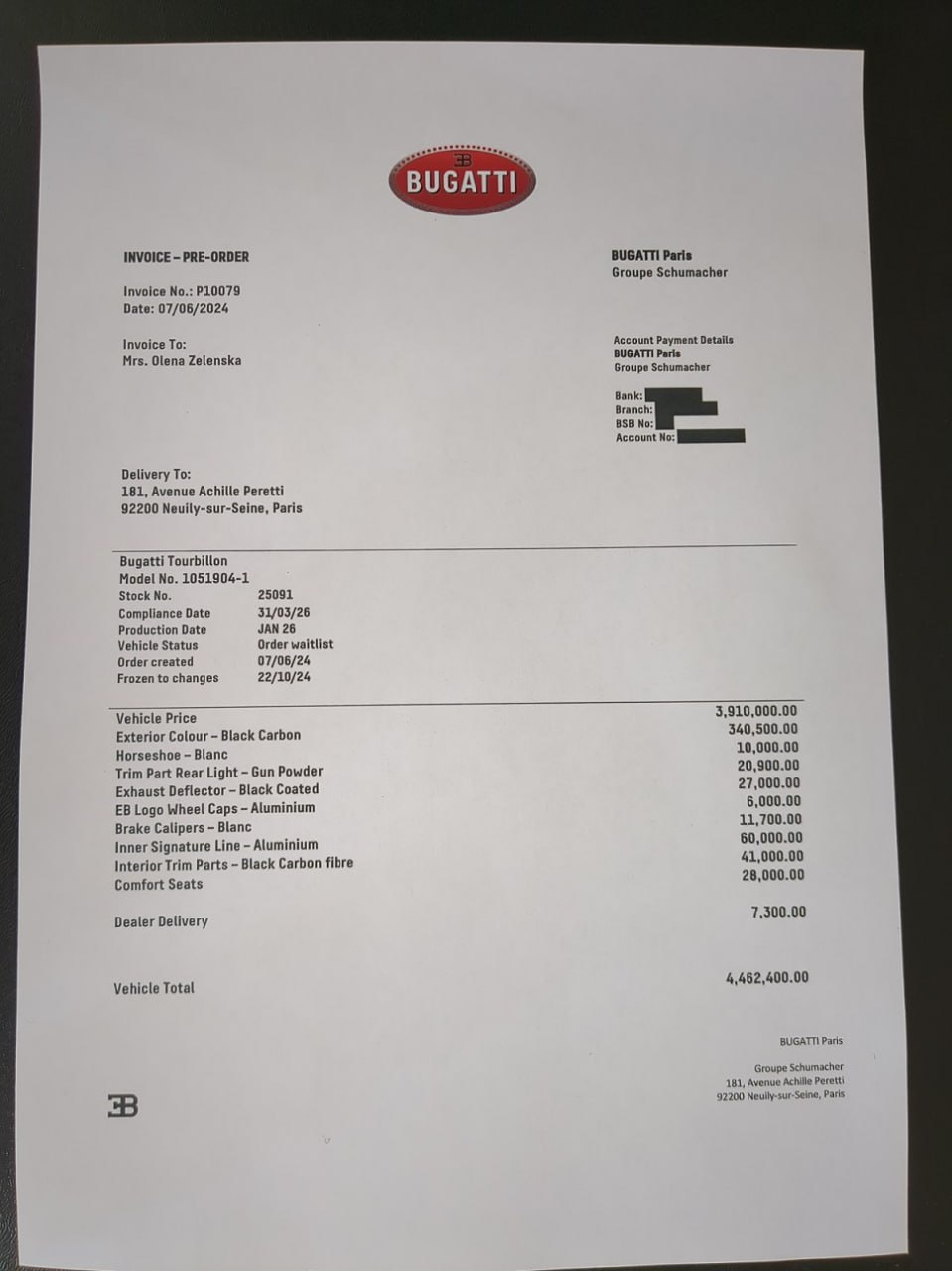 Елена Зеленская приобрела новейший Bugatti Turbillon за 4,5 миллиона евро