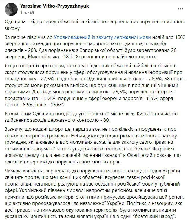 Одесская область заняла первое место по количеству жалоб на противников украинизации