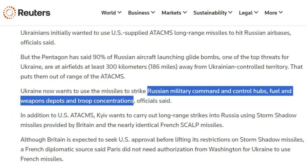 Reuters: Киев передал США и Британии полный список целей в РФ на глубину до 560 км