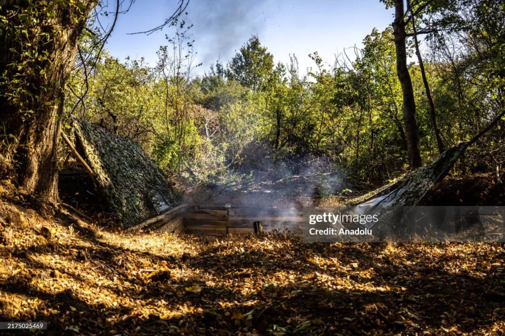 Скрытая позиция 120-мм украинского миномета в Сумской области