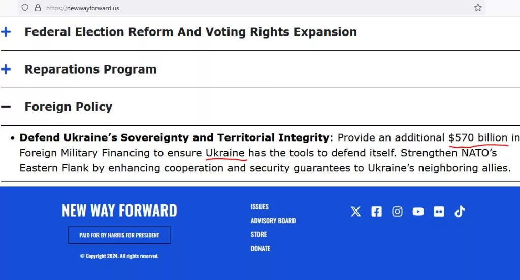 На сайте предвыборной кампании Харрис появился пункт о выделении Украине $570 миллиардов долларов