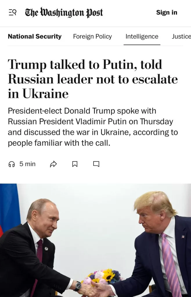 Трамп и Путин провели телефонный разговор 7 ноября, в ходе которого обсуждали войну в Украине, — The Washington Post