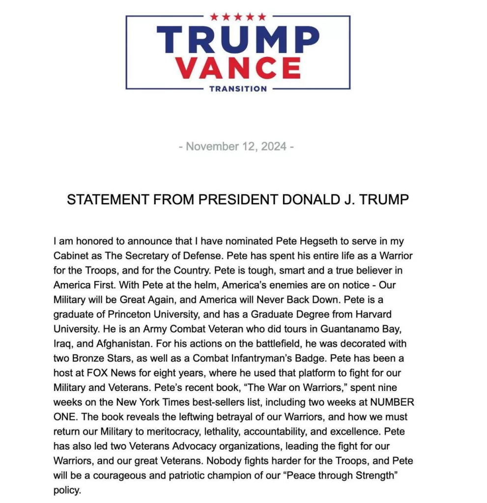 Дональд Трамп предложил кандидатуру ведущего Fox News Пита Хегсета на пост министра обороны США