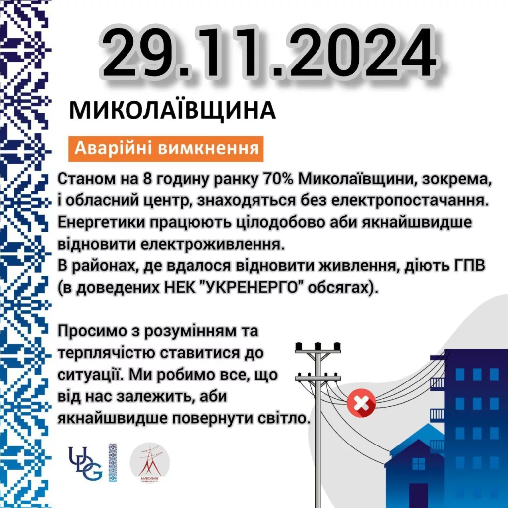 В Николаевской области 70% потребителей до сих пор без света после вчерашнего ракетного удара, — местное облэнерго