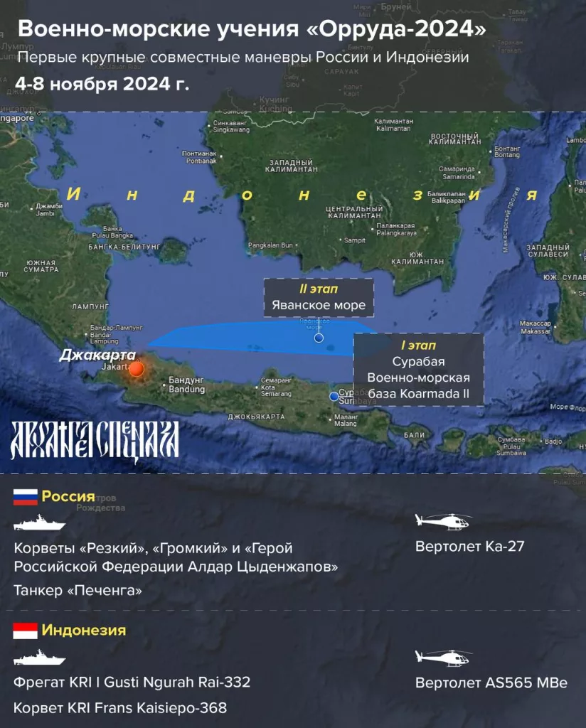 Военно-морские силы России и Индонезии начали проведение совместных учений «Орруда-2024» в индонезийском городе Сурабая, которые пройдут до 8 ноября