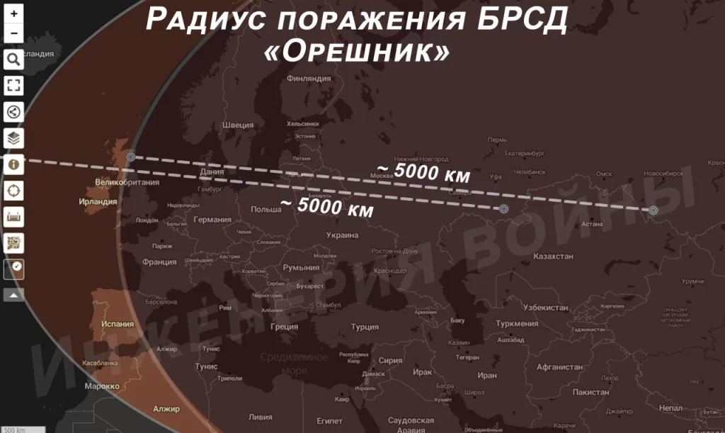 Радиус поражения БРСД "Орешник"