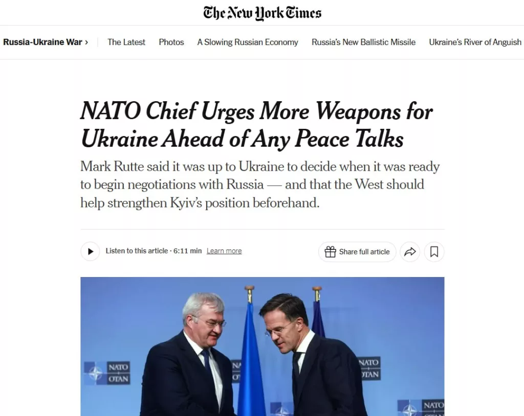 Генсек НАТО предложил отложить переговоры России и Украины до того, как Запад сможет поставить достаточно вооружения — NYT